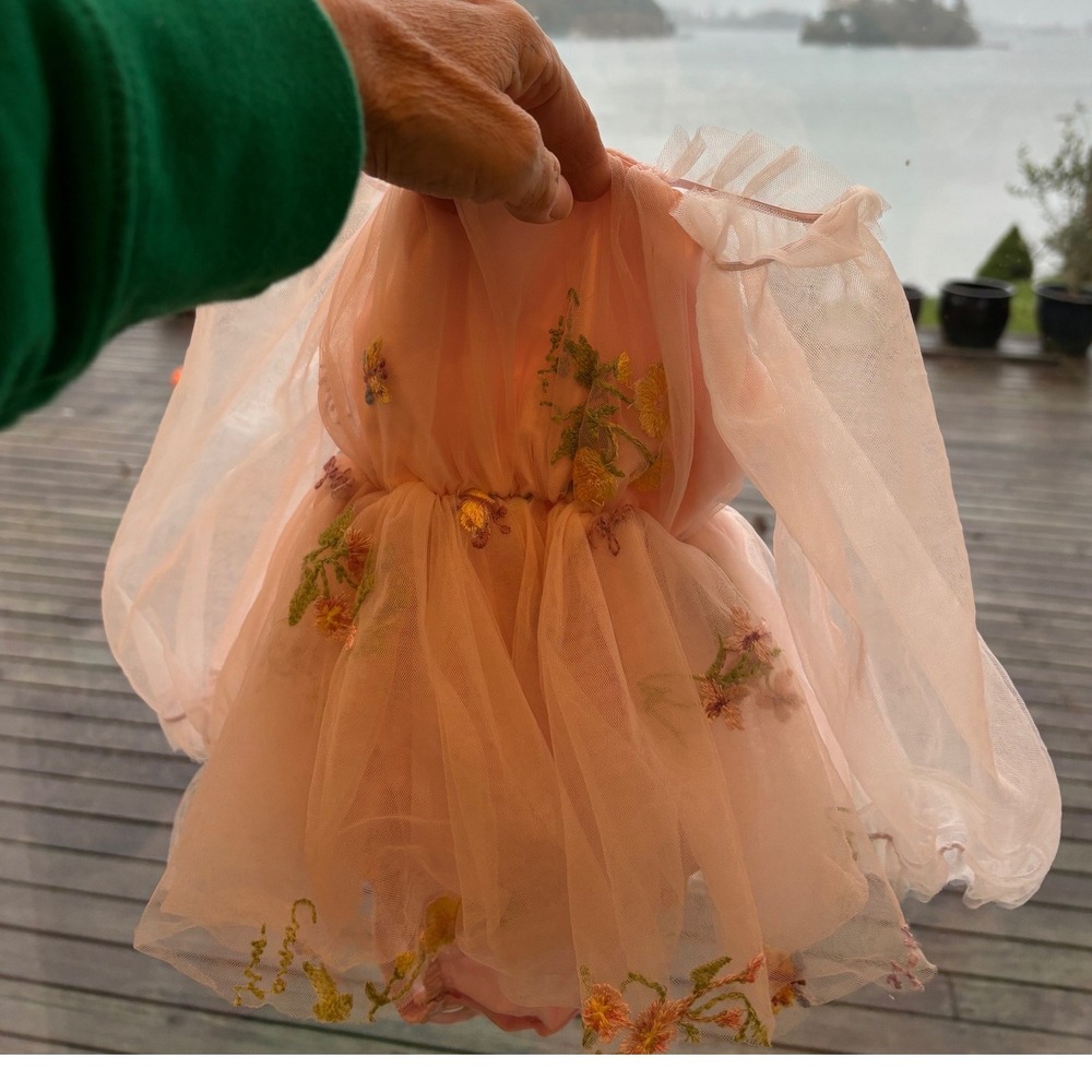 Baby Girl Pink Tulle Romper Embroidered Flowers ethereal christening Sz 3-6‎ mo